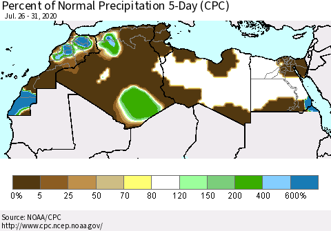 North Africa Percent of Normal Precipitation 5-Day (CPC) Thematic Map For 7/26/2020 - 7/31/2020