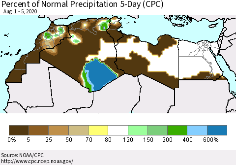 North Africa Percent of Normal Precipitation 5-Day (CPC) Thematic Map For 8/1/2020 - 8/5/2020