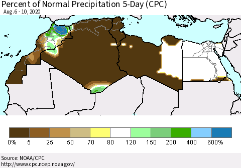 North Africa Percent of Normal Precipitation 5-Day (CPC) Thematic Map For 8/6/2020 - 8/10/2020