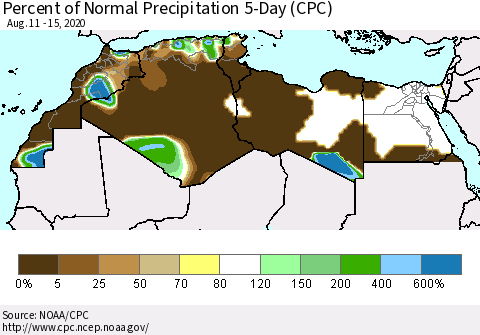 North Africa Percent of Normal Precipitation 5-Day (CPC) Thematic Map For 8/11/2020 - 8/15/2020
