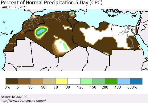 North Africa Percent of Normal Precipitation 5-Day (CPC) Thematic Map For 8/16/2020 - 8/20/2020
