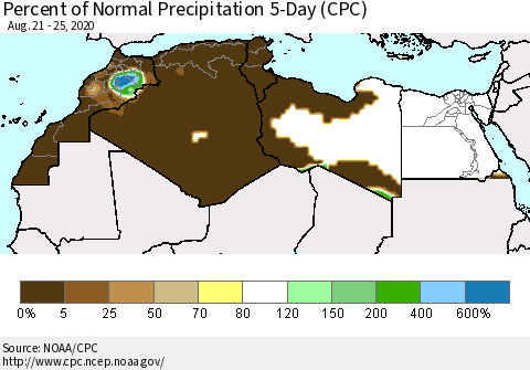 North Africa Percent of Normal Precipitation 5-Day (CPC) Thematic Map For 8/21/2020 - 8/25/2020