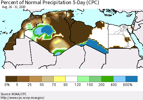 North Africa Percent of Normal Precipitation 5-Day (CPC) Thematic Map For 8/26/2020 - 8/31/2020