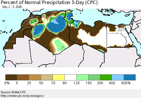 North Africa Percent of Normal Precipitation 5-Day (CPC) Thematic Map For 9/1/2020 - 9/5/2020