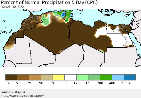 North Africa Percent of Normal Precipitation 5-Day (CPC) Thematic Map For 9/6/2020 - 9/10/2020