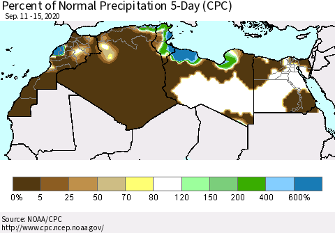 North Africa Percent of Normal Precipitation 5-Day (CPC) Thematic Map For 9/11/2020 - 9/15/2020
