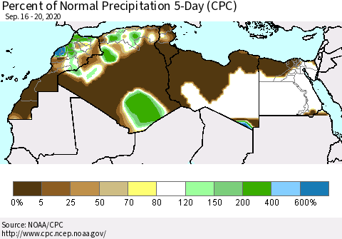 North Africa Percent of Normal Precipitation 5-Day (CPC) Thematic Map For 9/16/2020 - 9/20/2020