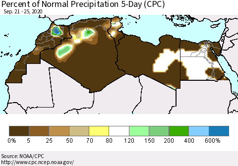 North Africa Percent of Normal Precipitation 5-Day (CPC) Thematic Map For 9/21/2020 - 9/25/2020