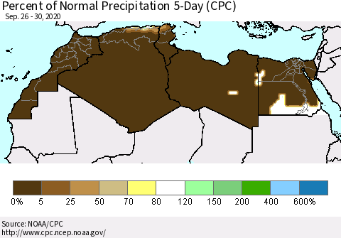 North Africa Percent of Normal Precipitation 5-Day (CPC) Thematic Map For 9/26/2020 - 9/30/2020