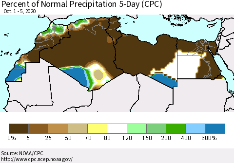 North Africa Percent of Normal Precipitation 5-Day (CPC) Thematic Map For 10/1/2020 - 10/5/2020