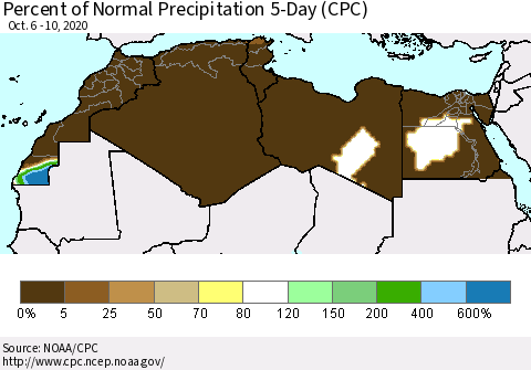 North Africa Percent of Normal Precipitation 5-Day (CPC) Thematic Map For 10/6/2020 - 10/10/2020