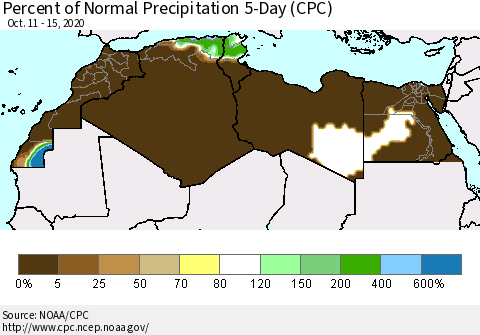 North Africa Percent of Normal Precipitation 5-Day (CPC) Thematic Map For 10/11/2020 - 10/15/2020
