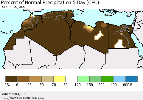 North Africa Percent of Normal Precipitation 5-Day (CPC) Thematic Map For 10/16/2020 - 10/20/2020