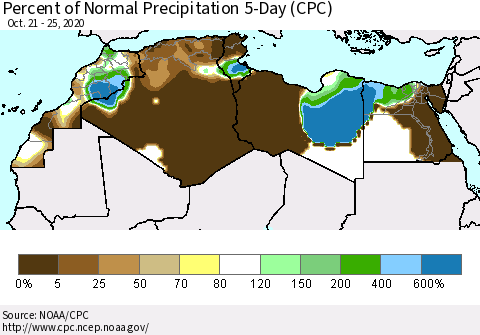 North Africa Percent of Normal Precipitation 5-Day (CPC) Thematic Map For 10/21/2020 - 10/25/2020