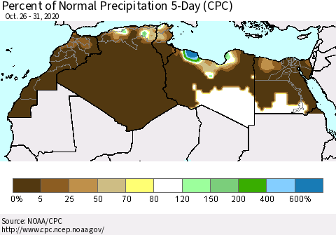 North Africa Percent of Normal Precipitation 5-Day (CPC) Thematic Map For 10/26/2020 - 10/31/2020
