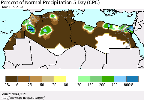 North Africa Percent of Normal Precipitation 5-Day (CPC) Thematic Map For 11/1/2020 - 11/5/2020