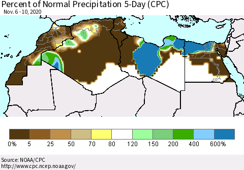North Africa Percent of Normal Precipitation 5-Day (CPC) Thematic Map For 11/6/2020 - 11/10/2020