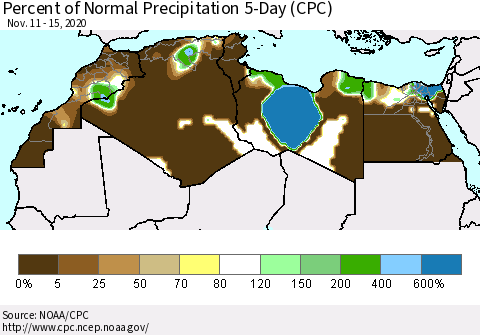North Africa Percent of Normal Precipitation 5-Day (CPC) Thematic Map For 11/11/2020 - 11/15/2020