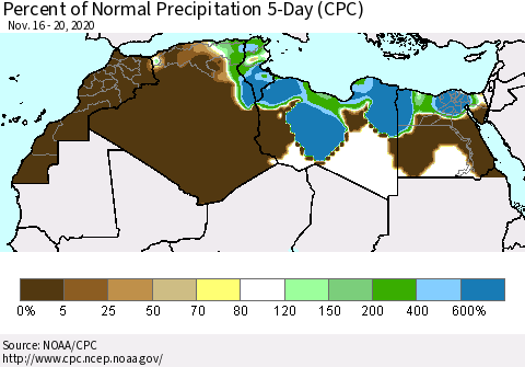 North Africa Percent of Normal Precipitation 5-Day (CPC) Thematic Map For 11/16/2020 - 11/20/2020