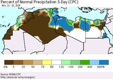 North Africa Percent of Normal Precipitation 5-Day (CPC) Thematic Map For 11/21/2020 - 11/25/2020