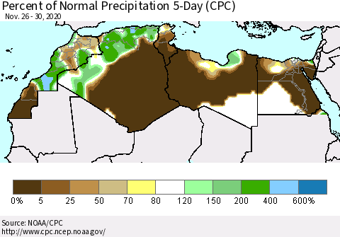 North Africa Percent of Normal Precipitation 5-Day (CPC) Thematic Map For 11/26/2020 - 11/30/2020