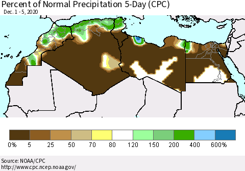 North Africa Percent of Normal Precipitation 5-Day (CPC) Thematic Map For 12/1/2020 - 12/5/2020