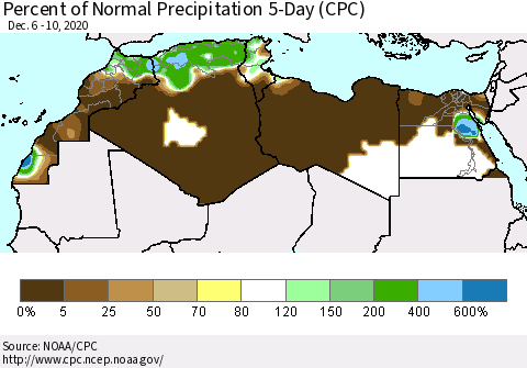 North Africa Percent of Normal Precipitation 5-Day (CPC) Thematic Map For 12/6/2020 - 12/10/2020