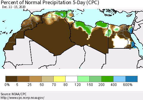 North Africa Percent of Normal Precipitation 5-Day (CPC) Thematic Map For 12/11/2020 - 12/15/2020