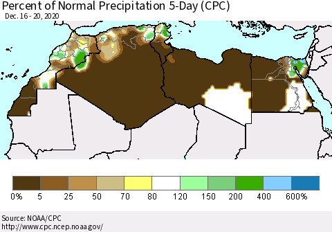 North Africa Percent of Normal Precipitation 5-Day (CPC) Thematic Map For 12/16/2020 - 12/20/2020