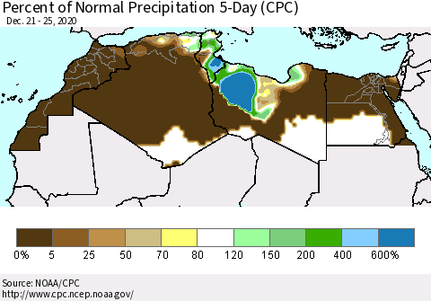 North Africa Percent of Normal Precipitation 5-Day (CPC) Thematic Map For 12/21/2020 - 12/25/2020