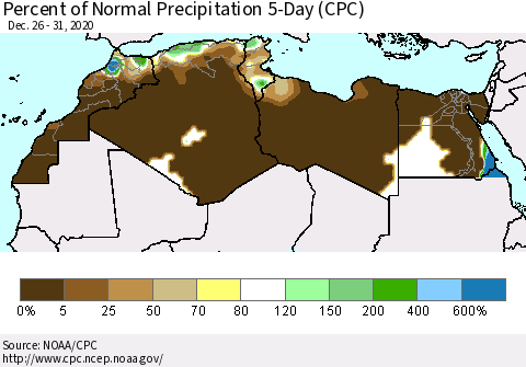 North Africa Percent of Normal Precipitation 5-Day (CPC) Thematic Map For 12/26/2020 - 12/31/2020