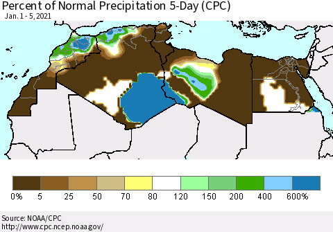 North Africa Percent of Normal Precipitation 5-Day (CPC) Thematic Map For 1/1/2021 - 1/5/2021