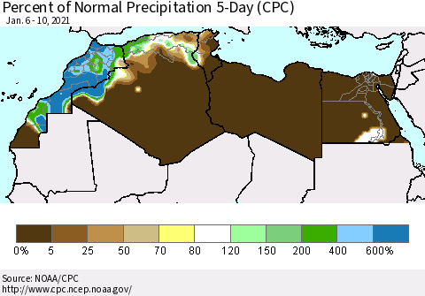 North Africa Percent of Normal Precipitation 5-Day (CPC) Thematic Map For 1/6/2021 - 1/10/2021