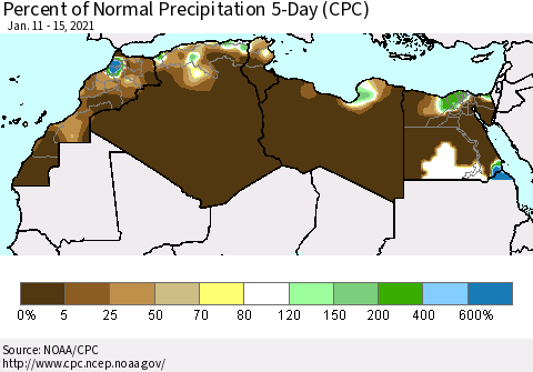 North Africa Percent of Normal Precipitation 5-Day (CPC) Thematic Map For 1/11/2021 - 1/15/2021