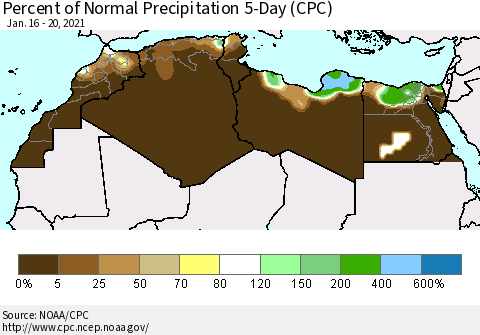 North Africa Percent of Normal Precipitation 5-Day (CPC) Thematic Map For 1/16/2021 - 1/20/2021