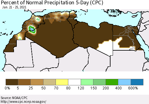 North Africa Percent of Normal Precipitation 5-Day (CPC) Thematic Map For 1/21/2021 - 1/25/2021