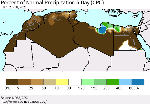North Africa Percent of Normal Precipitation 5-Day (CPC) Thematic Map For 1/26/2021 - 1/31/2021