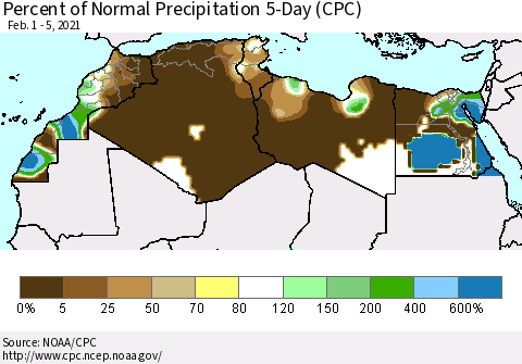North Africa Percent of Normal Precipitation 5-Day (CPC) Thematic Map For 2/1/2021 - 2/5/2021