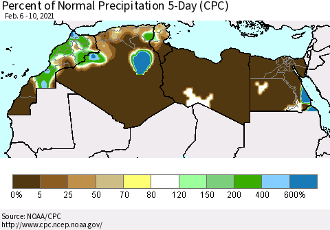 North Africa Percent of Normal Precipitation 5-Day (CPC) Thematic Map For 2/6/2021 - 2/10/2021