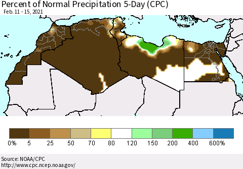 North Africa Percent of Normal Precipitation 5-Day (CPC) Thematic Map For 2/11/2021 - 2/15/2021