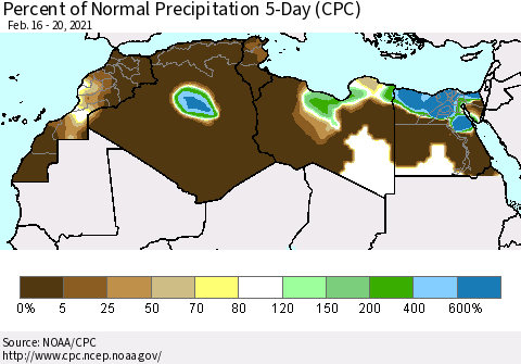 North Africa Percent of Normal Precipitation 5-Day (CPC) Thematic Map For 2/16/2021 - 2/20/2021