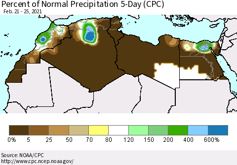 North Africa Percent of Normal Precipitation 5-Day (CPC) Thematic Map For 2/21/2021 - 2/25/2021