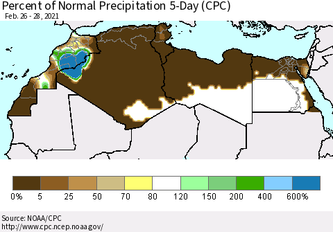 North Africa Percent of Normal Precipitation 5-Day (CPC) Thematic Map For 2/26/2021 - 2/28/2021