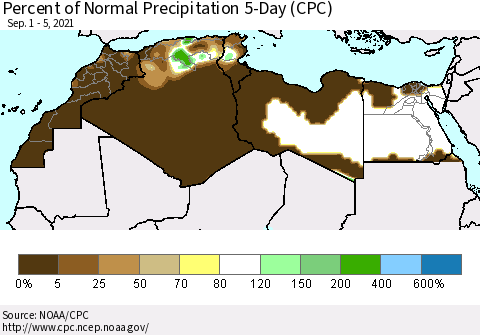 North Africa Percent of Normal Precipitation 5-Day (CPC) Thematic Map For 9/1/2021 - 9/5/2021