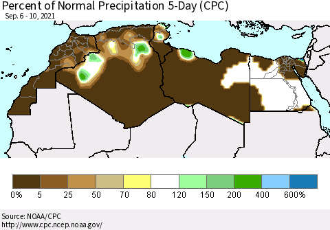 North Africa Percent of Normal Precipitation 5-Day (CPC) Thematic Map For 9/6/2021 - 9/10/2021
