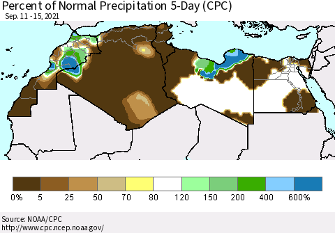 North Africa Percent of Normal Precipitation 5-Day (CPC) Thematic Map For 9/11/2021 - 9/15/2021