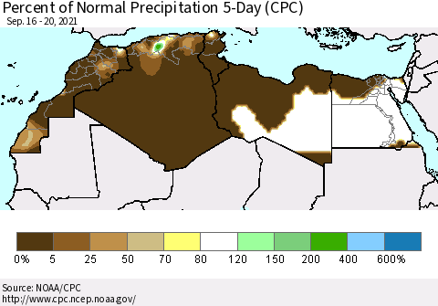 North Africa Percent of Normal Precipitation 5-Day (CPC) Thematic Map For 9/16/2021 - 9/20/2021