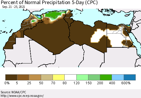 North Africa Percent of Normal Precipitation 5-Day (CPC) Thematic Map For 9/21/2021 - 9/25/2021