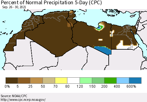 North Africa Percent of Normal Precipitation 5-Day (CPC) Thematic Map For 9/26/2021 - 9/30/2021