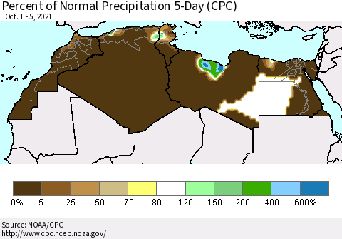 North Africa Percent of Normal Precipitation 5-Day (CPC) Thematic Map For 10/1/2021 - 10/5/2021